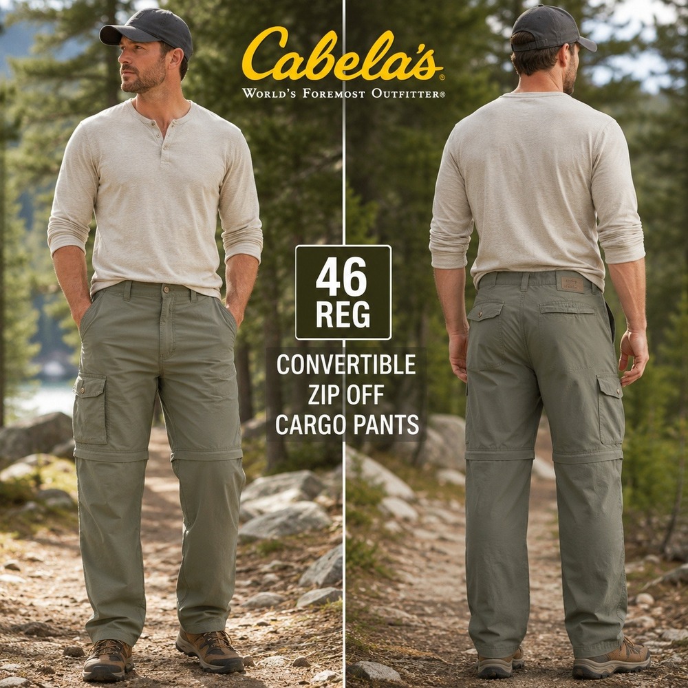 Cabelas Mens 46‎ Reg Convertible Cargo Pants Olive Green Cotton Zip Off 900843